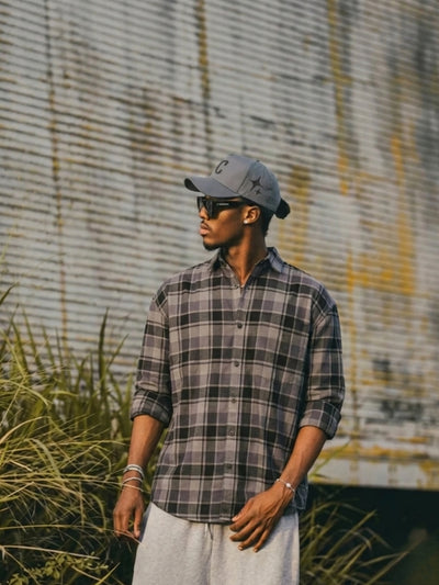 Black: Checkered Drop-Shoulder Oversized Casual Shirt