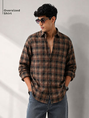 Brown: Checkered Drop-Shoulder Oversized Casual Shirt