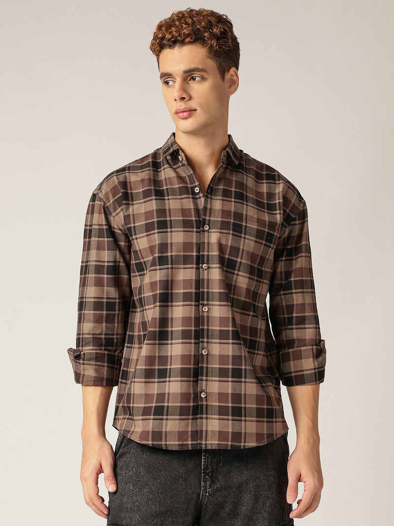 Brown: Checkered Drop-Shoulder Oversized Casual Shirt