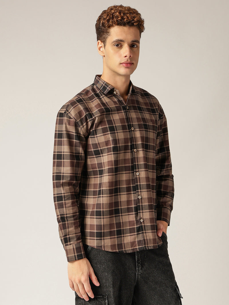 Brown: Checkered Drop-Shoulder Oversized Casual Shirt