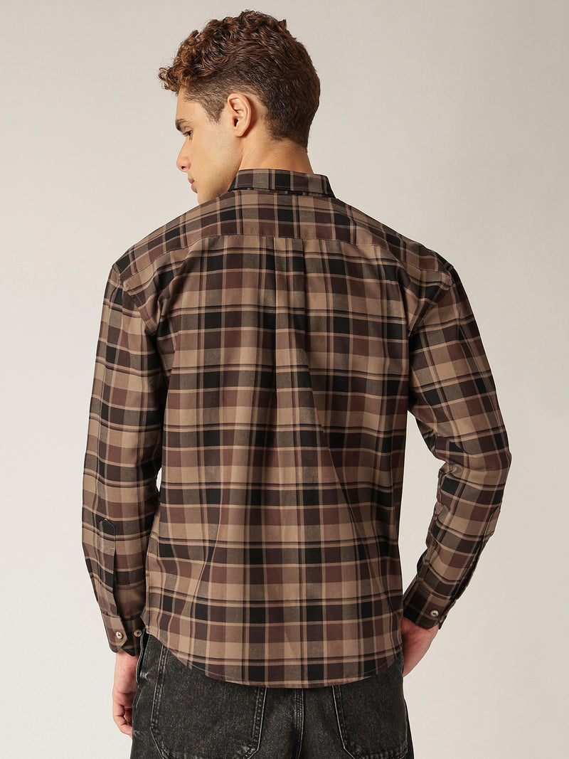 Brown: Checkered Drop-Shoulder Oversized Casual Shirt