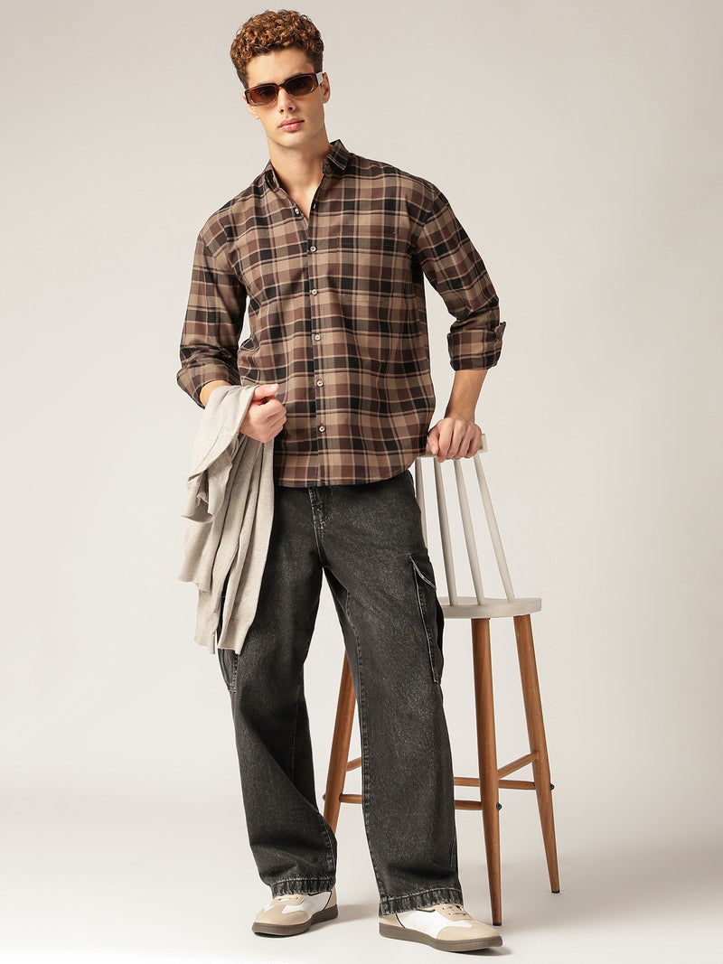 Brown: Checkered Drop-Shoulder Oversized Casual Shirt