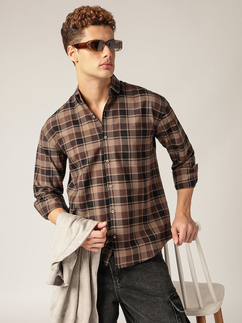 Brown: Checkered Drop-Shoulder Oversized Casual Shirt