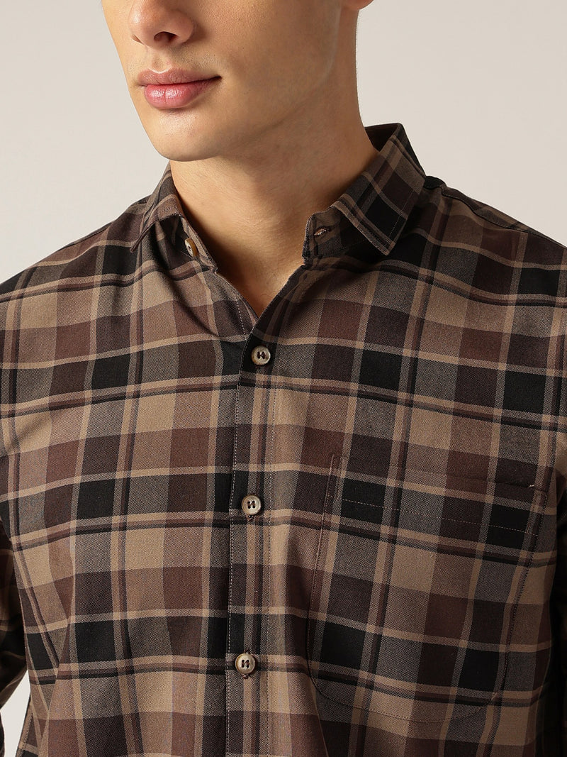 Brown: Checkered Drop-Shoulder Oversized Casual Shirt