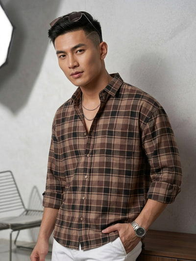Brown: Checkered Drop-Shoulder Oversized Casual Shirt