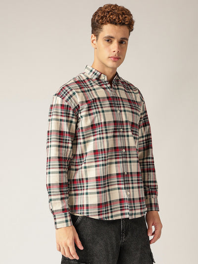 Green & Cream: Checkered Drop-Shoulder Oversized Casual Shirt