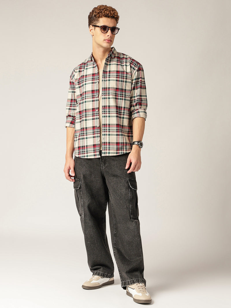 Green & Cream: Checkered Drop-Shoulder Oversized Casual Shirt
