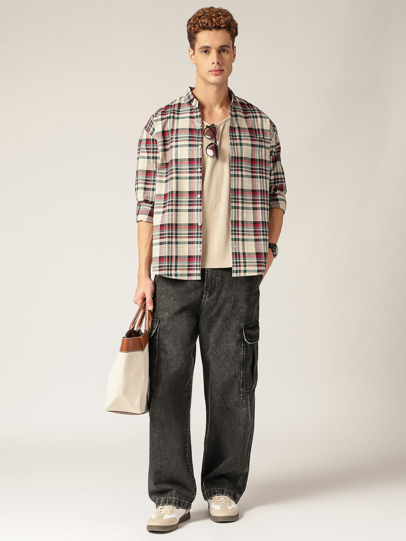 Green & Cream: Checkered Drop-Shoulder Oversized Casual Shirt