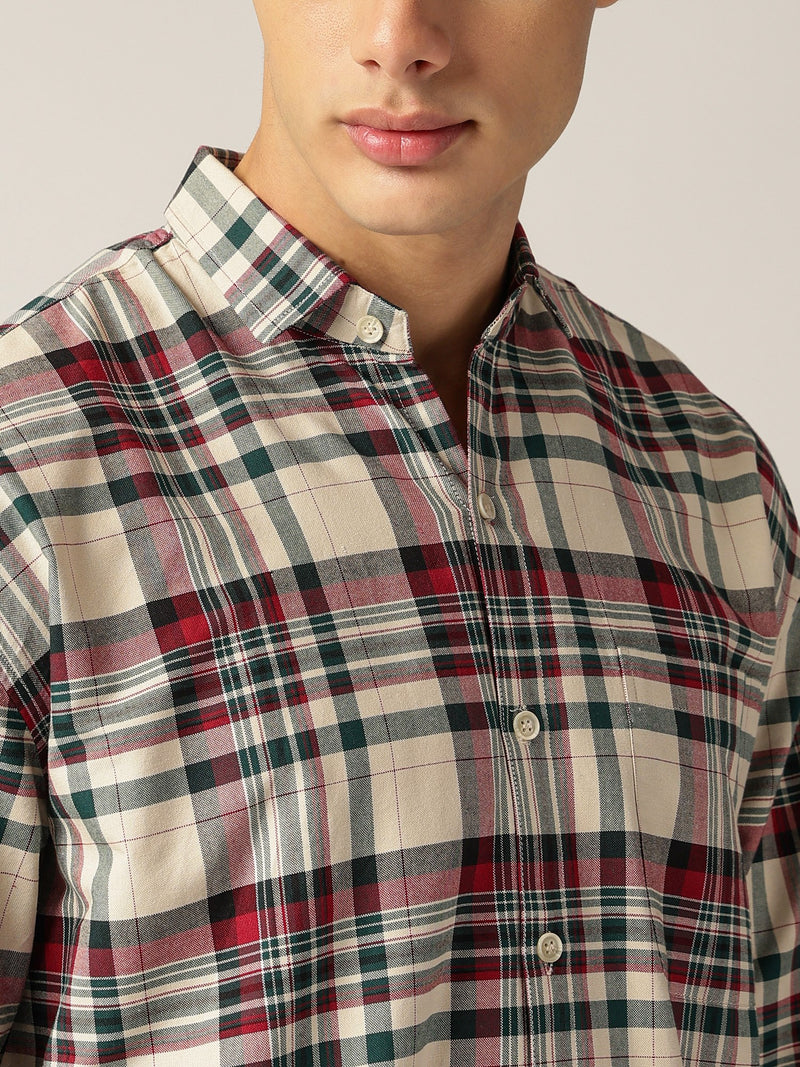 Green & Cream: Checkered Drop-Shoulder Oversized Casual Shirt