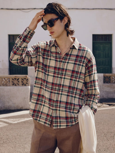 Green & Cream: Checkered Drop-Shoulder Oversized Casual Shirt