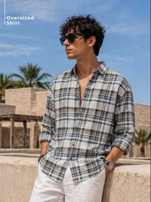 Blue & Grey: Checkered Drop-Shoulder Oversized Casual Shirt