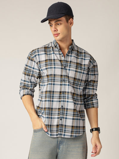 Blue & Grey: Checkered Drop-Shoulder Oversized Casual Shirt