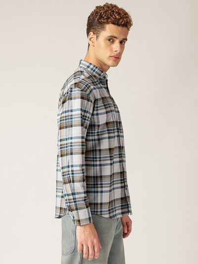 Blue & Grey: Checkered Drop-Shoulder Oversized Casual Shirt