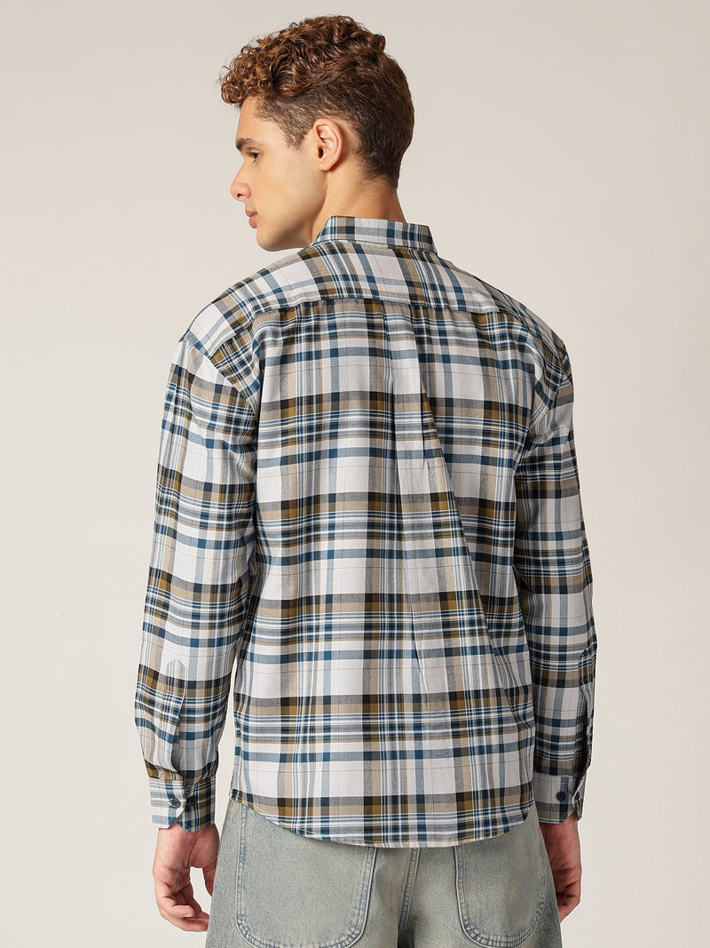Blue & Grey: Checkered Drop-Shoulder Oversized Casual Shirt