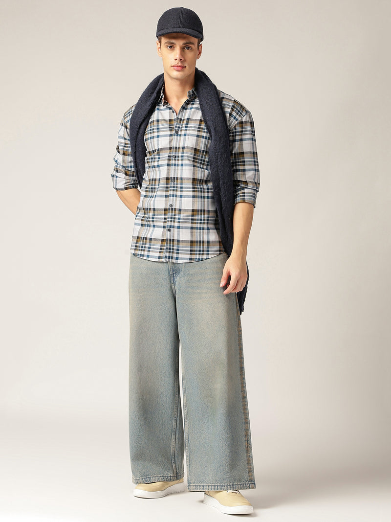 Blue & Grey: Checkered Drop-Shoulder Oversized Casual Shirt