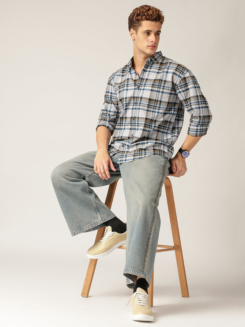 Blue & Grey: Checkered Drop-Shoulder Oversized Casual Shirt