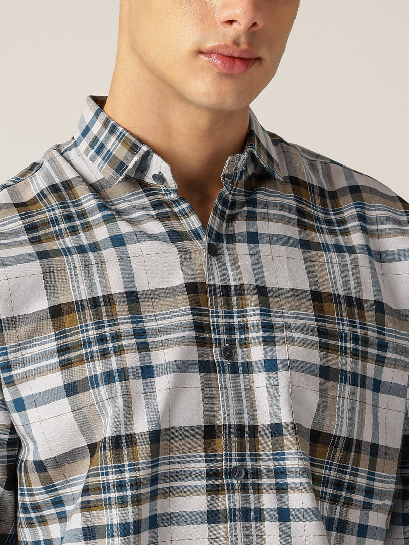 Blue & Grey: Checkered Drop-Shoulder Oversized Casual Shirt