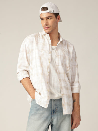 Cream & Beige: Checkered Drop-Shoulder Oversized Casual Shirt