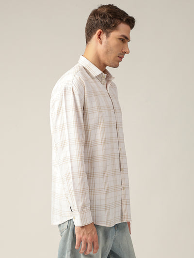 Cream & Beige: Checkered Drop-Shoulder Oversized Casual Shirt