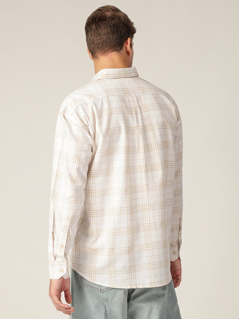 Cream & Beige: Checkered Drop-Shoulder Oversized Casual Shirt