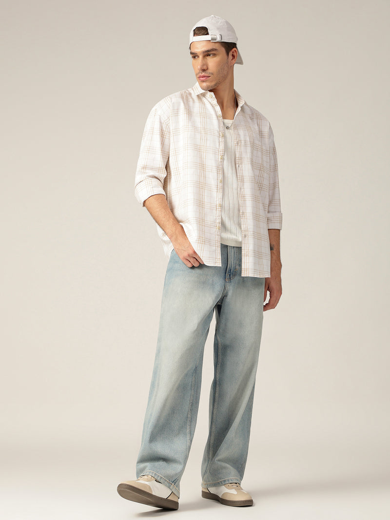 Cream & Beige: Checkered Drop-Shoulder Oversized Casual Shirt