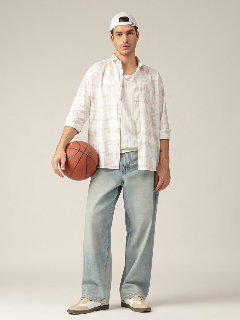 Cream & Beige: Checkered Drop-Shoulder Oversized Casual Shirt