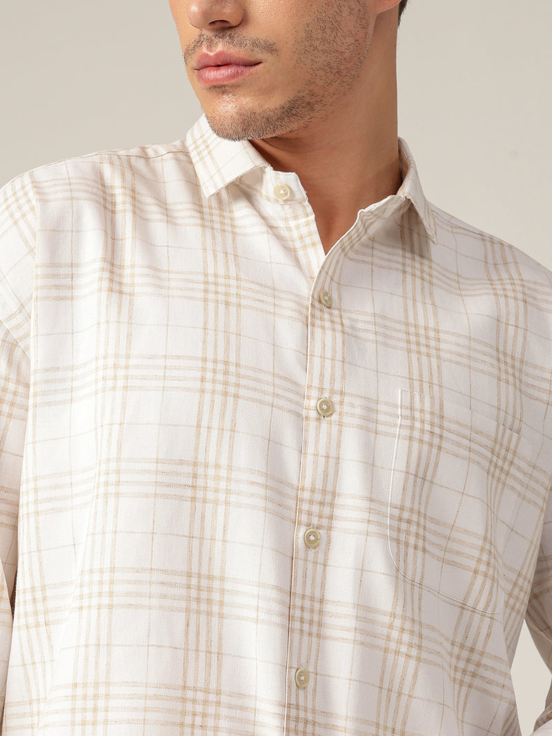 Cream & Beige: Checkered Drop-Shoulder Oversized Casual Shirt