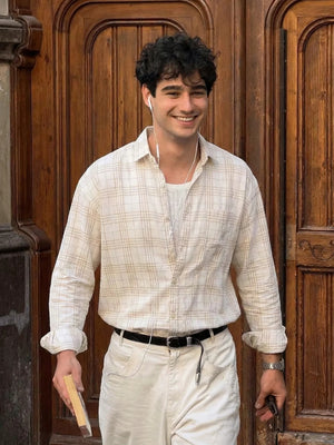 Cream & Beige: Checkered Drop-Shoulder Oversized Casual Shirt