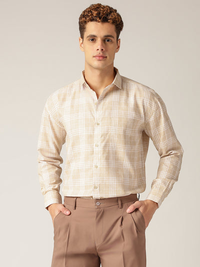 Beige & Cream: Checkered Drop-Shoulder Oversized Casual Shirt