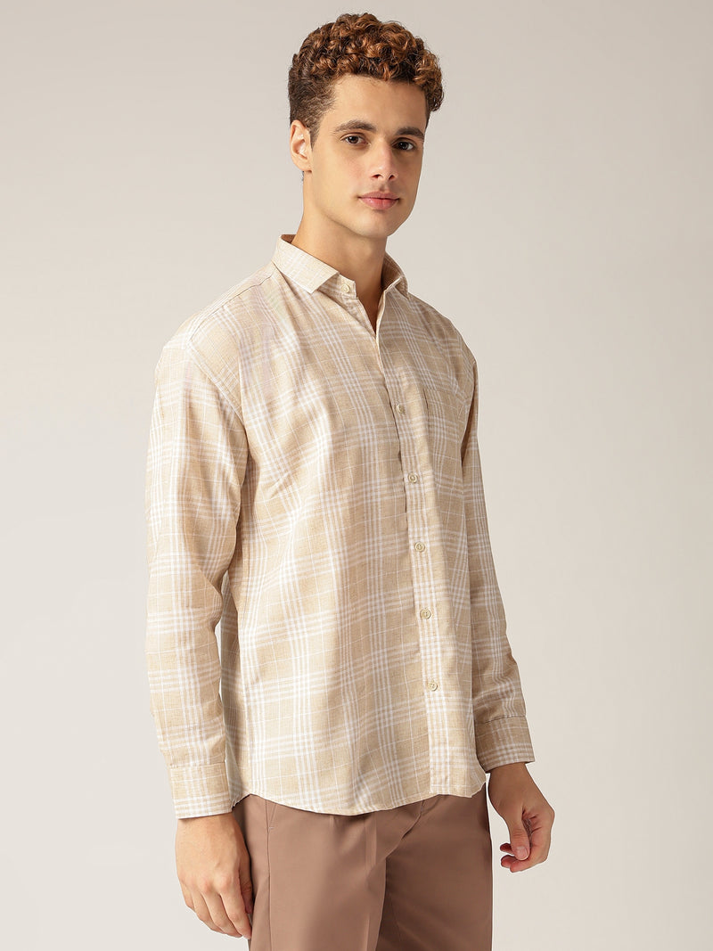 Beige & Cream: Checkered Drop-Shoulder Oversized Casual Shirt