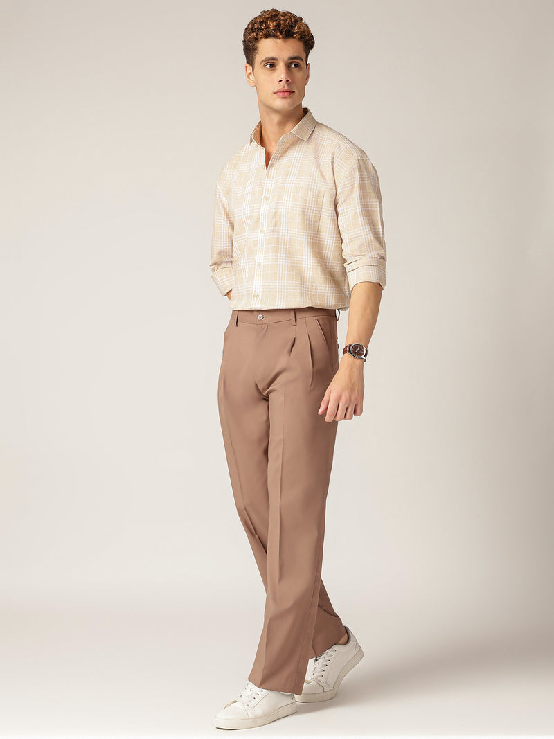 Beige & Cream: Checkered Drop-Shoulder Oversized Casual Shirt