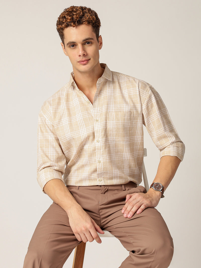 Beige & Cream: Checkered Drop-Shoulder Oversized Casual Shirt