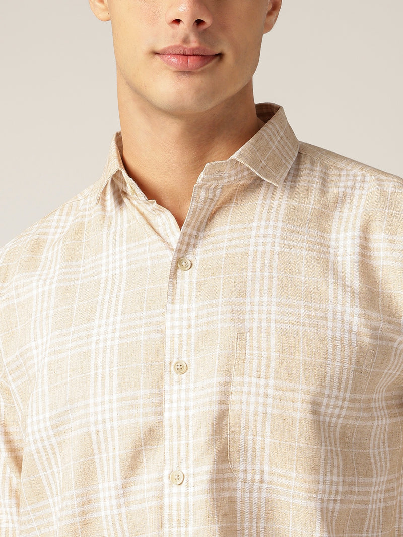 Beige & Cream: Checkered Drop-Shoulder Oversized Casual Shirt