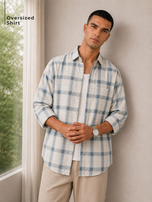 Off White & Blue: Checkered Drop-Shoulder Oversized Casual Shirt