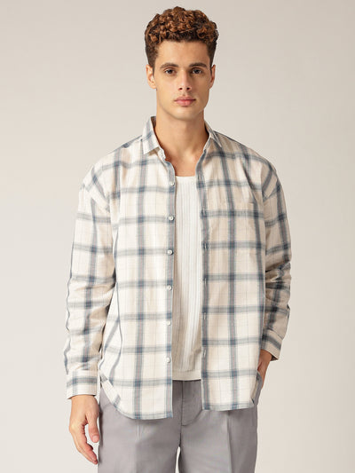 Off White & Blue: Checkered Drop-Shoulder Oversized Casual Shirt