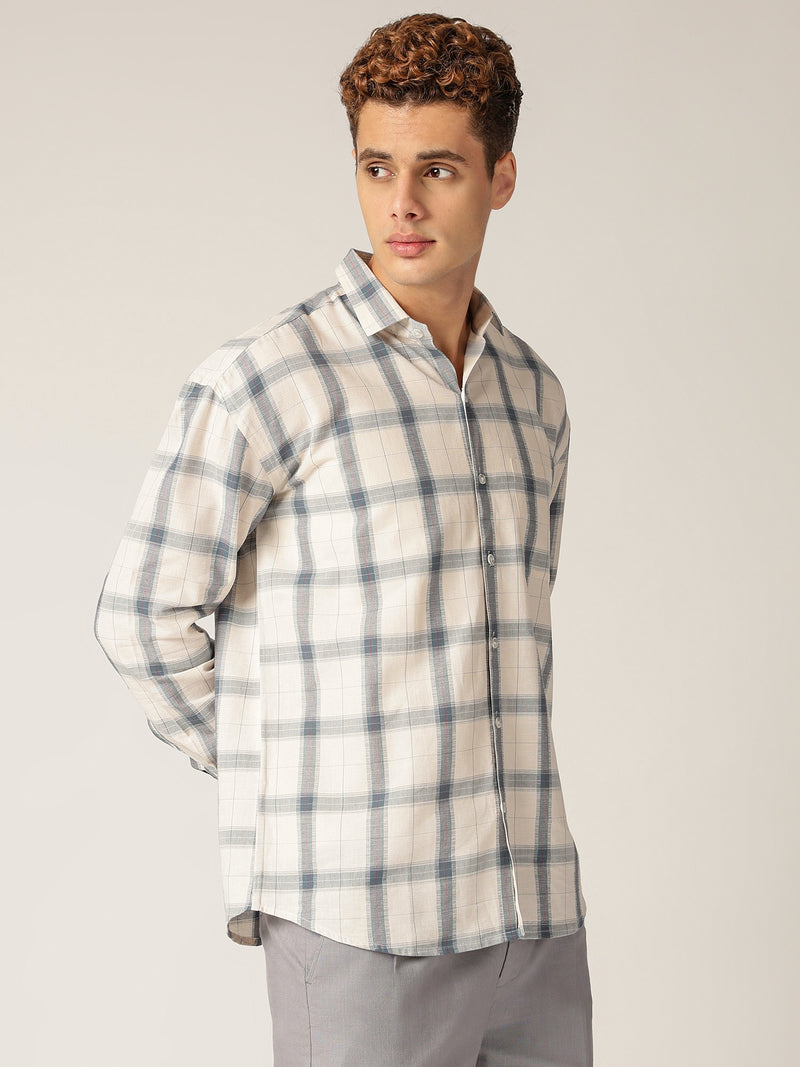 Off White & Blue: Checkered Drop-Shoulder Oversized Casual Shirt