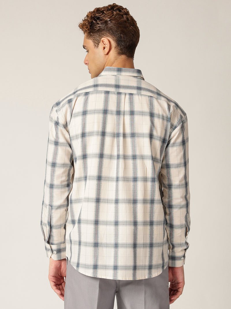 Off White & Blue: Checkered Drop-Shoulder Oversized Casual Shirt