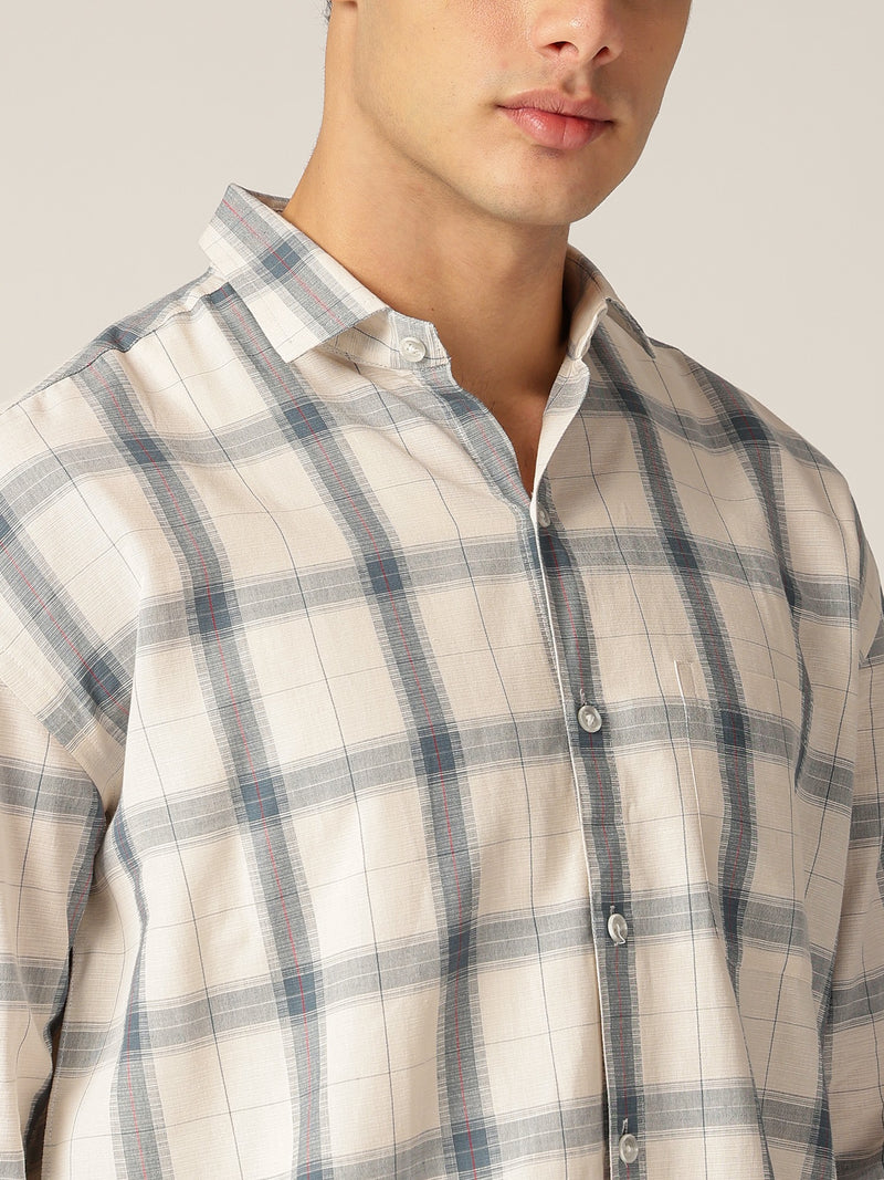 Off White & Blue: Checkered Drop-Shoulder Oversized Casual Shirt