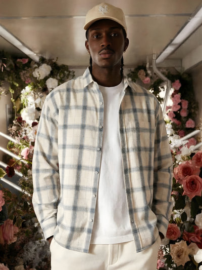 Off White & Blue: Checkered Drop-Shoulder Oversized Casual Shirt