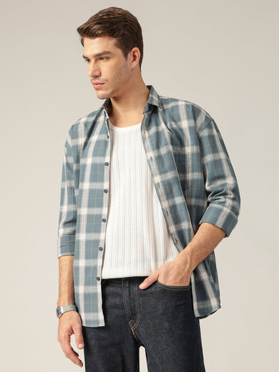 Blue & Off White: Checkered Drop-Shoulder Oversized Casual Shirt
