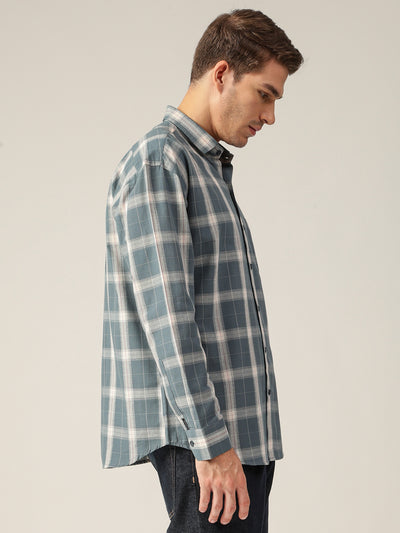 Blue & Off White: Checkered Drop-Shoulder Oversized Casual Shirt