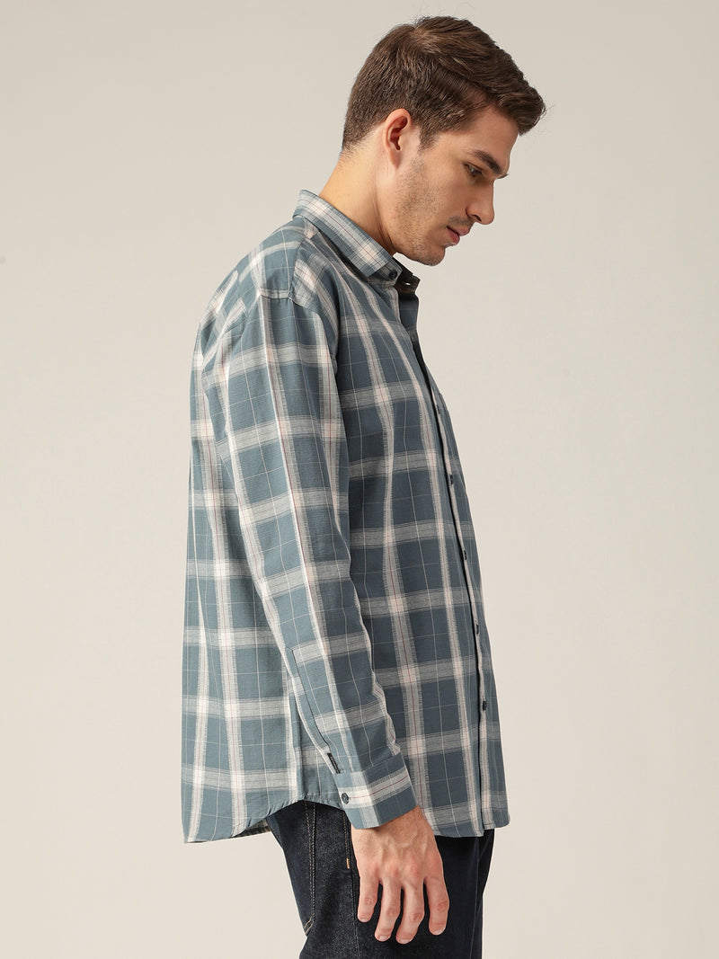 Blue & Off White: Checkered Drop-Shoulder Oversized Casual Shirt