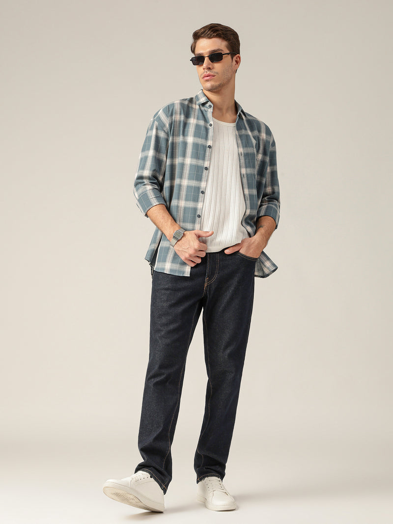 Blue & Off White: Checkered Drop-Shoulder Oversized Casual Shirt