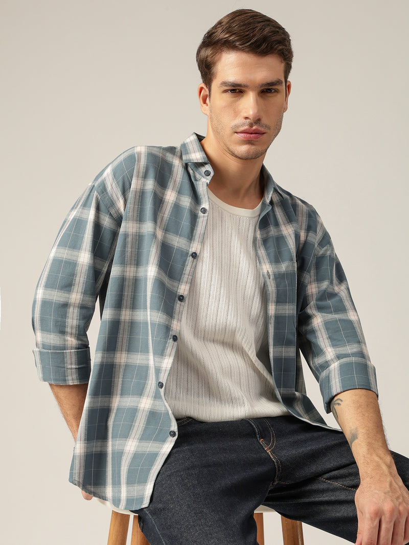Blue & Off White: Checkered Drop-Shoulder Oversized Casual Shirt