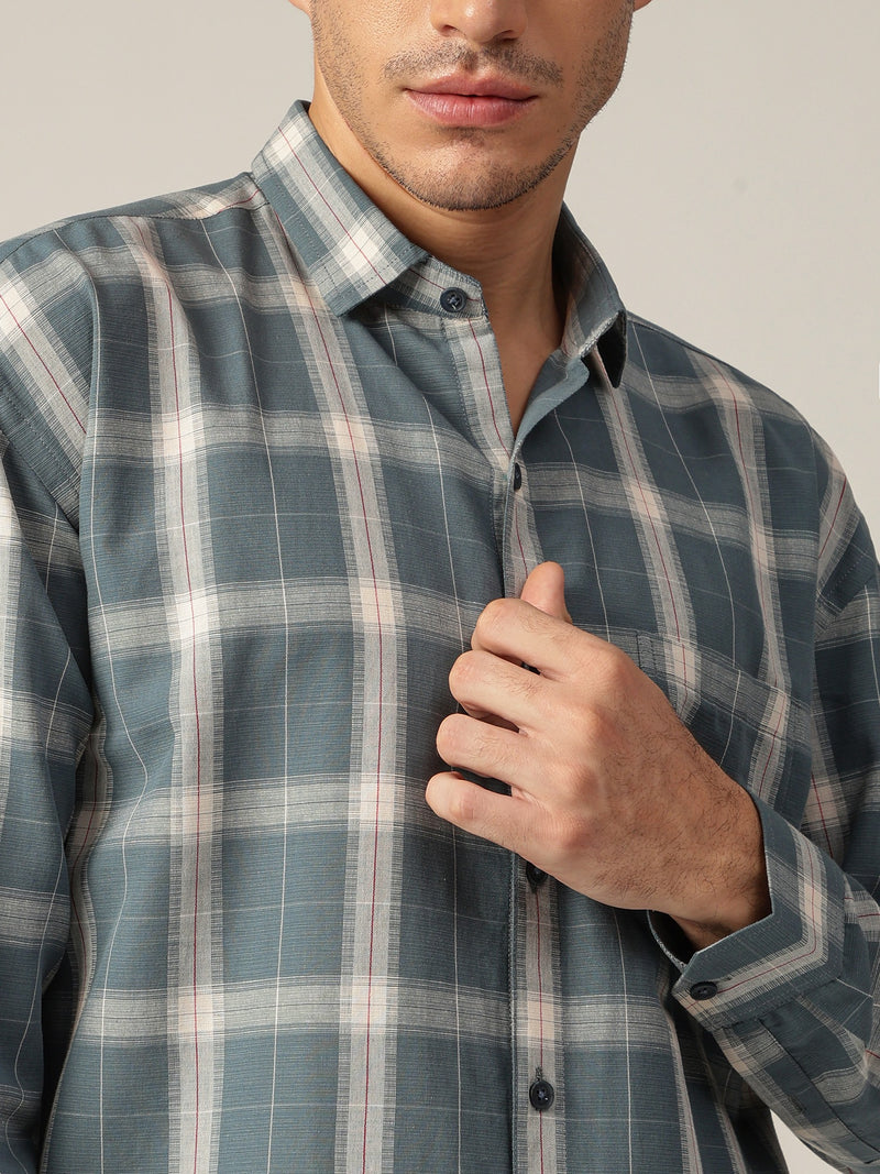 Blue & Off White: Checkered Drop-Shoulder Oversized Casual Shirt