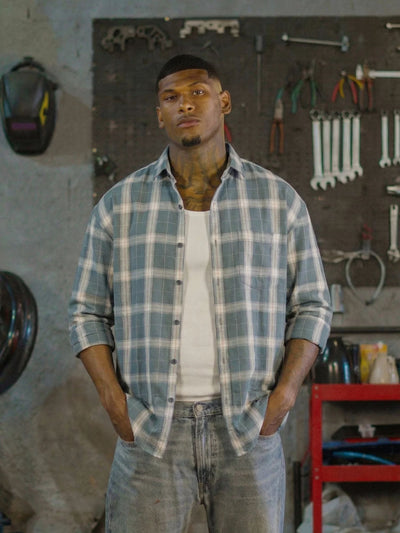 Blue & Off White: Checkered Drop-Shoulder Oversized Casual Shirt