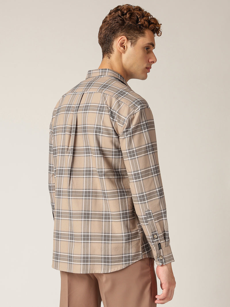 Grey: Checkered Drop-Shoulder Oversized Casual Shirt
