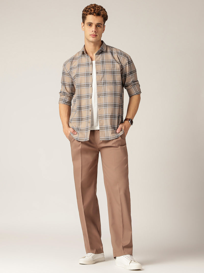 Grey: Checkered Drop-Shoulder Oversized Casual Shirt