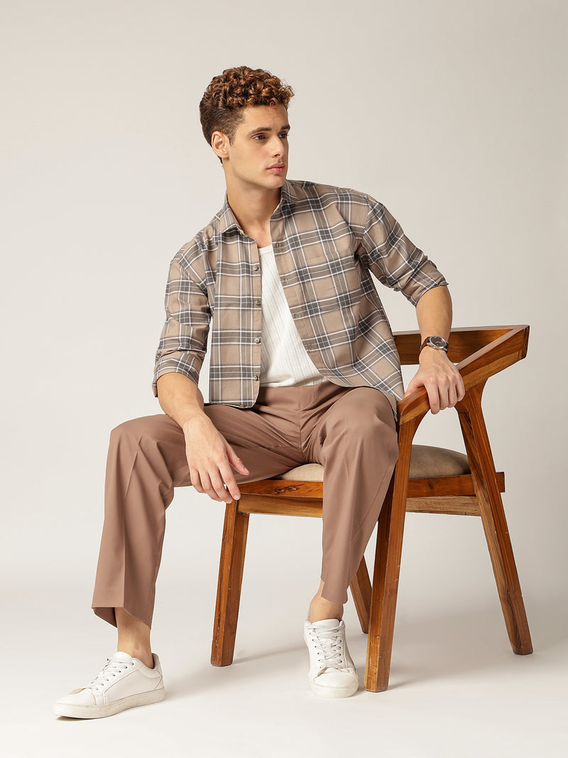 Grey: Checkered Drop-Shoulder Oversized Casual Shirt