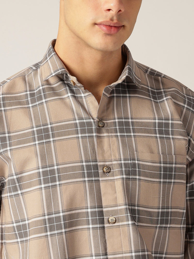 Grey: Checkered Drop-Shoulder Oversized Casual Shirt